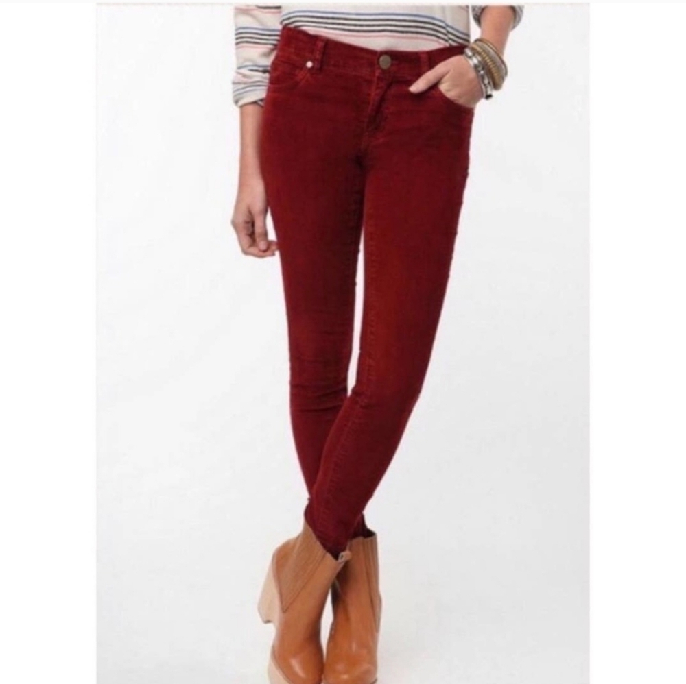 Les Folles De Joie Womens Corduroy Pants Dark Red Skinny Leg Low Rise 26